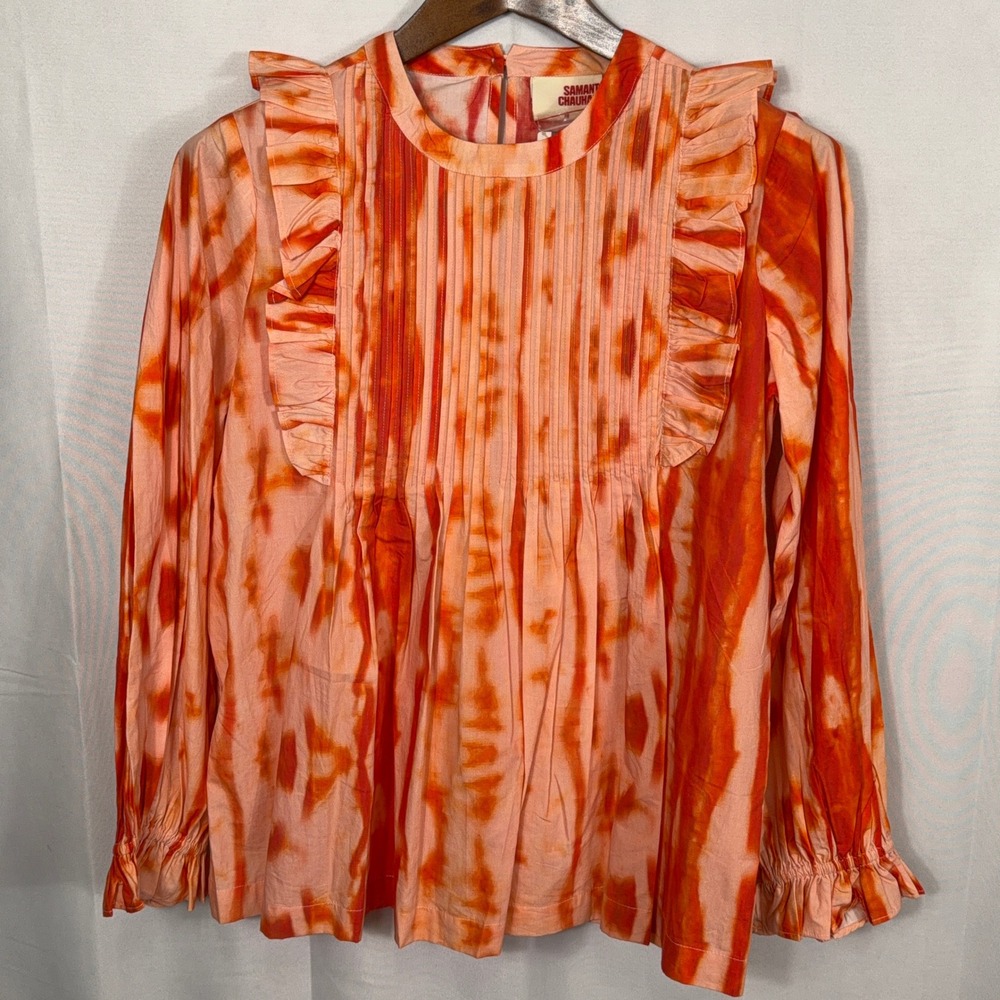 Samant Chauhan Blouse Tie Dye Ruffle Pintuck Orange‎ Pink Women Size S NWT